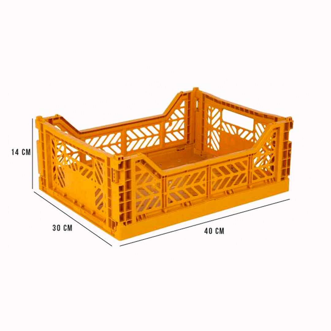Dimensions of Mini Mustard/Golden Yellow Folding Crate from Aykasa. This crate is made from 100% recyclable material and can be folded flat when not in use. It's perfect for holding books, toys, clothes, or anything else you want to organise. 