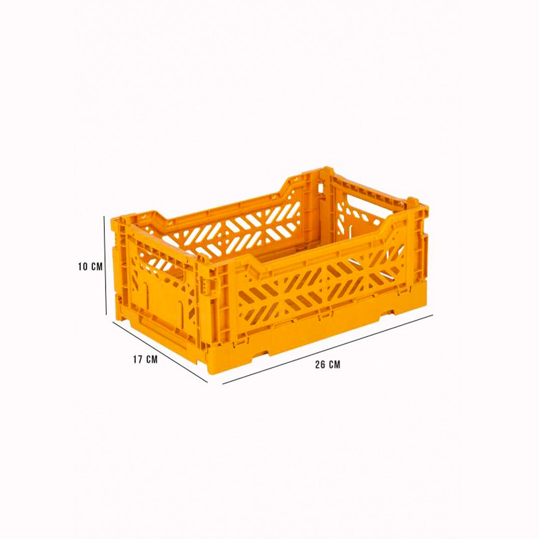 Dimensions of Mustard/Golden Yellow Folding Crate from Aykasa. This crate is made from 100% recyclable material and can be folded flat when not in use. It's perfect for holding books, toys, clothes, or anything else you want to organise. 