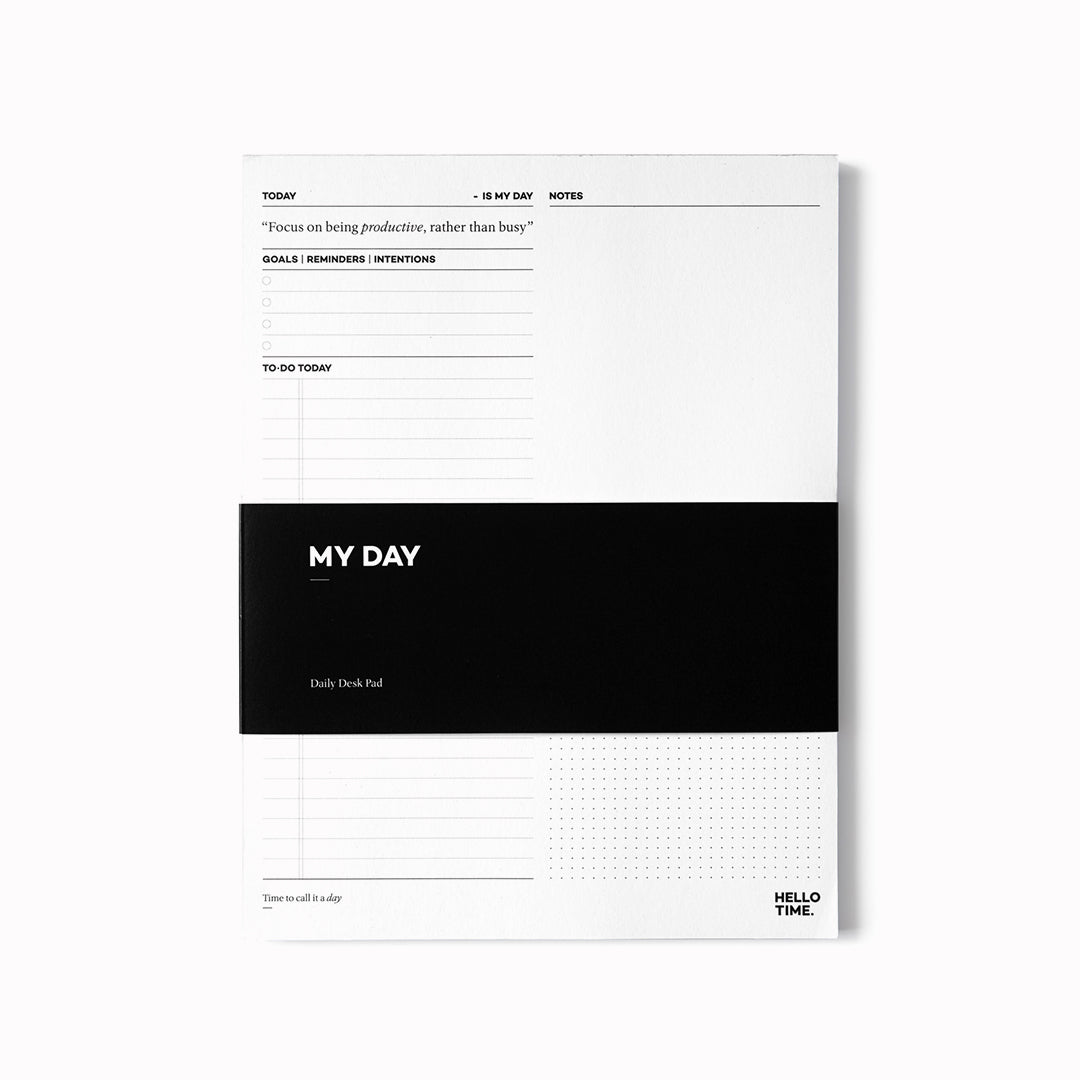 Medium sized tear off desk pad from UK boutique stationery company, Hello Time. The desk pad is designed with productivity in mind and split into sections to help organise your day.