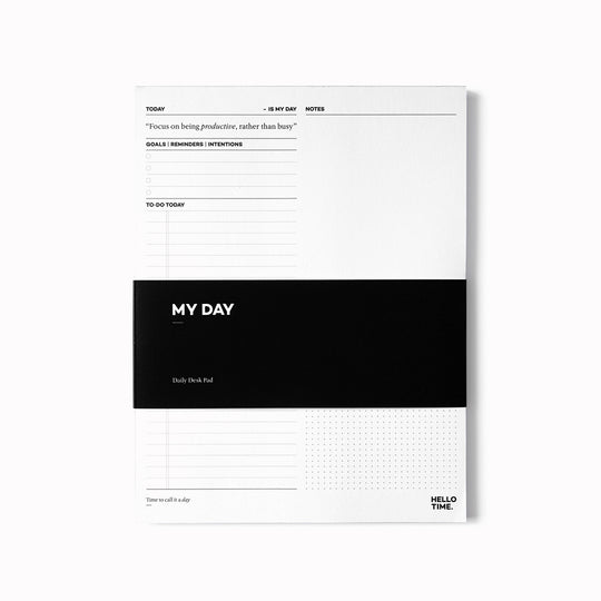 Medium sized tear off desk pad from UK boutique stationery company, Hello Time. The desk pad is designed with productivity in mind and split into sections to help organise your day.