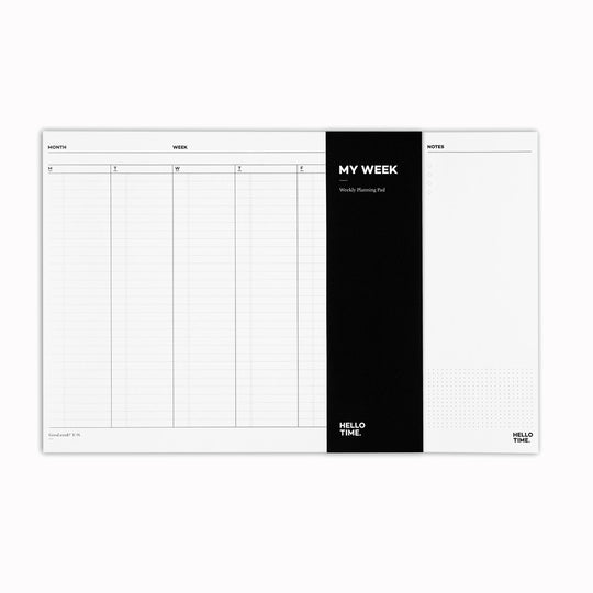 Large sized tear off desk pad from UK boutique stationery company, Hello Time. The desk pad has a vertical calendar grid by day of the week and is designed with scheduling and planning in mind, split into sections to help organise your week.