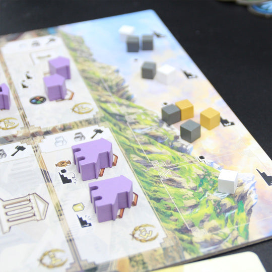 Board Detail - In Mytikas, you play as builders who must construct cities and temples on Mount Olympus. The higher up you construct them, the more prestige you will gain. 