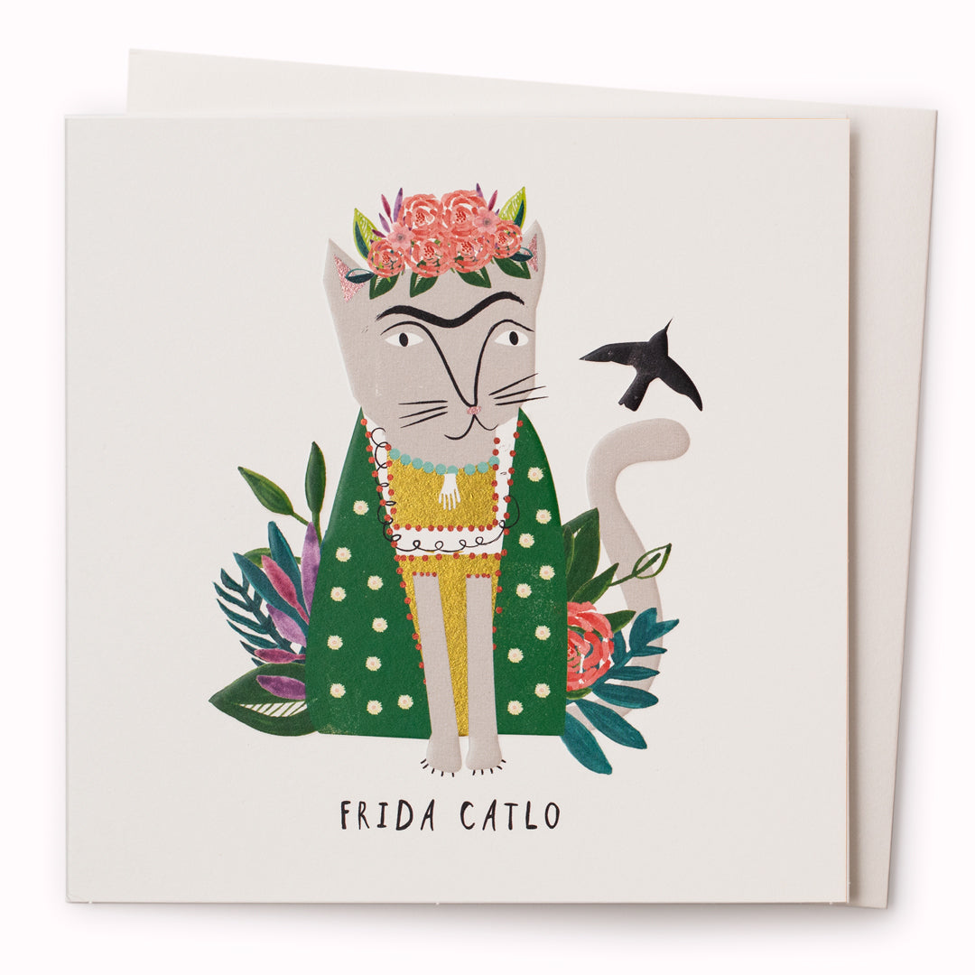 Niaski's 'Cats in Art' card no.03 is a feline interpretation of Frida Kahlo's self portraits, now reimagined as 'Frida Catlo.'