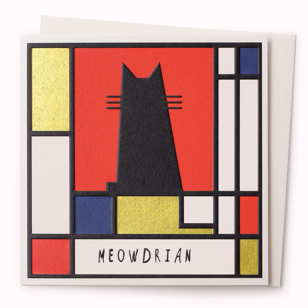 Niaski's 'Cats in Art' card no.08 is a feline interpretation of the Modernist Abstraction art style of Piet Mondrian, now reimagined as 'Meowdrian.'