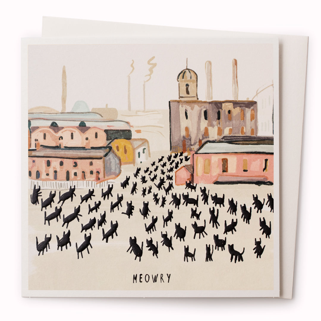Niaski's 'Cats in Art' card no.16 is a feline interpretation of English painter, LS Lowry, (now reimagined as 'Meowry.')