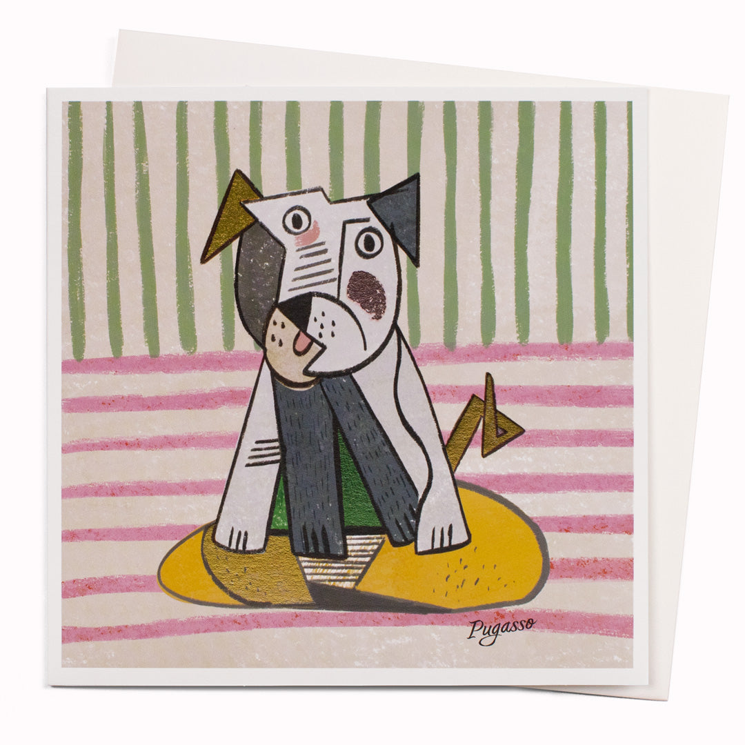 Niaski's 'Pugasso' greeting card is a canine interpretation of a work by legendary fine artist Picasso.