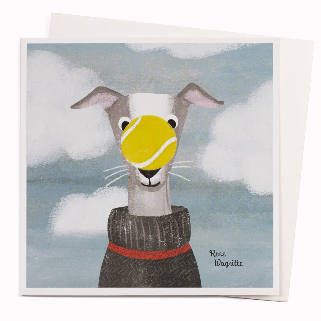 Niaski's 'Wagritte' greeting card is a funny, canine interpretation of 'Son of Man' by fine artist Magritte.