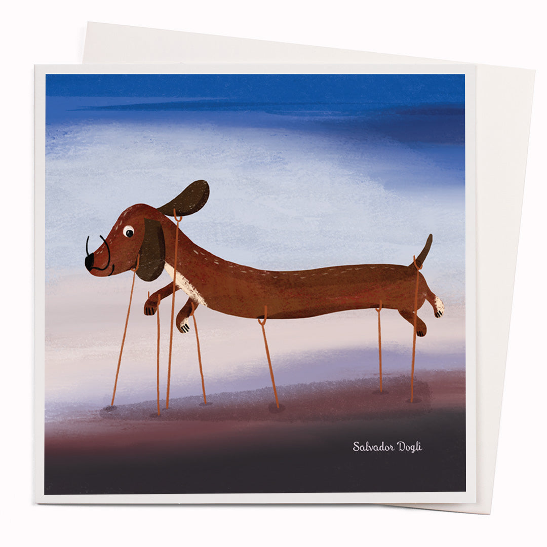 Niaski's 'Salvador Dogli' greeting card is a funny, dachshund interpretation of 'Le Sommeil' by fine artist Salvador Dali.