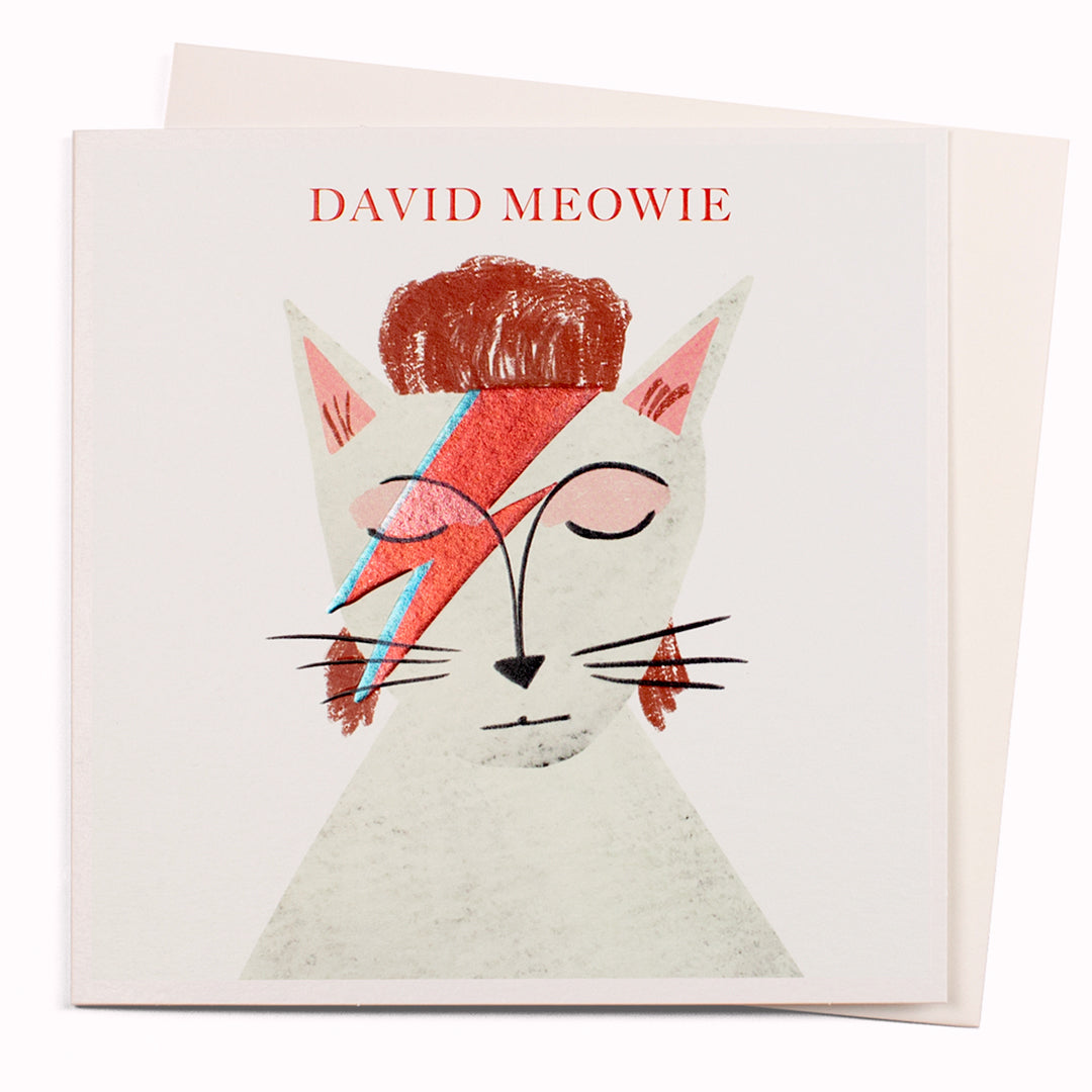 'David Meowie' is an illustrative greeting card of a white cat with David Bowie's Aladdin Sane styling. 