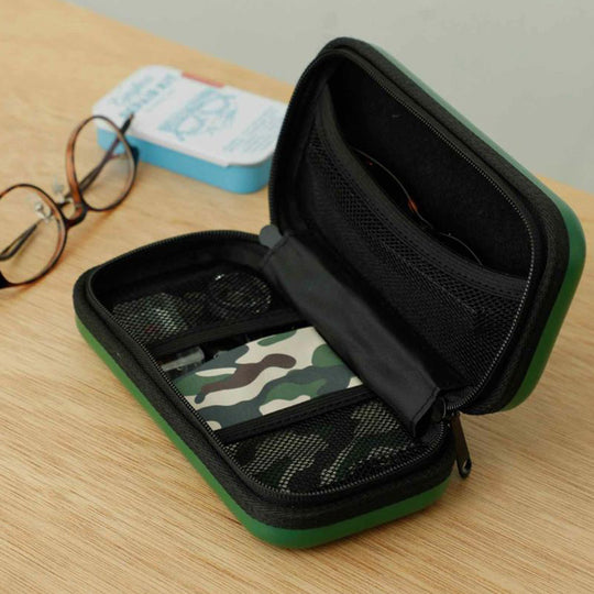 Nahe Small Hard-Shell Case by Japanese stationery brand Hightide Penco.  Shown Open with contents