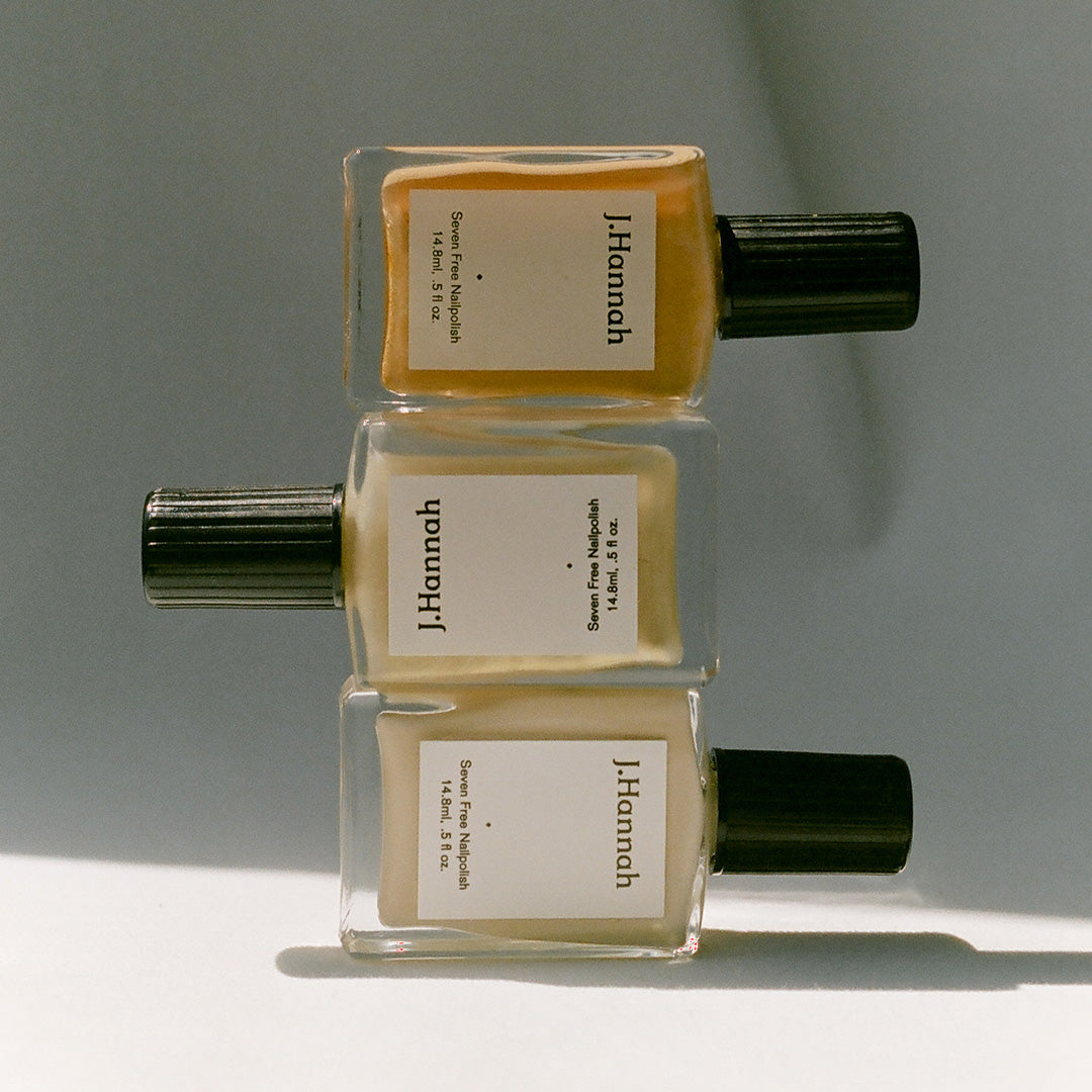 Bottles Stacked on each other, J.Hannah are a Los Angeles brand producing high quality nail polish in a carefully curated and highly pigmented colour palette. They are inspired by works of art, the natural world and the muses who they imagine would channel specific colours or moods.