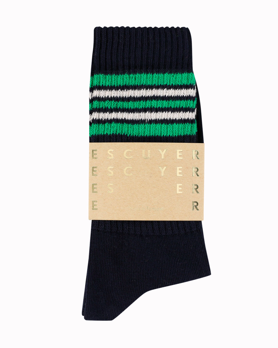 A classic crew sock with a five stripe design in navy blue with green and ecru stripes&nbsp;- a look drawing on vintage athletic styles.