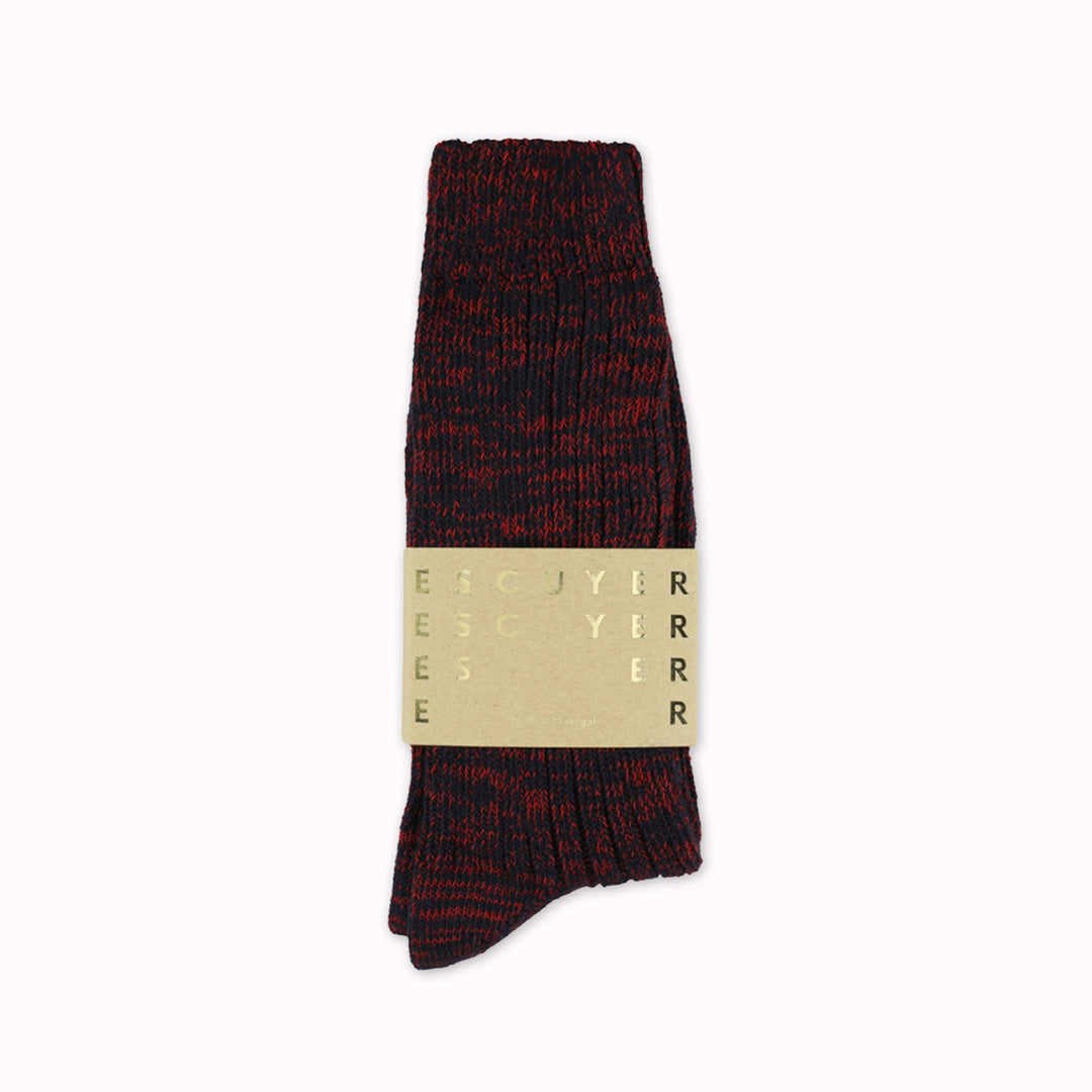 Navy + Red Melange socks by Belgium based Escuyer. These socks are so comfortable! They are made from combed cotton twisted yarns giving them a soft touch and a vintage look, these socks offer an exceptionally soft feel and a sophisticated finish.&nbsp;