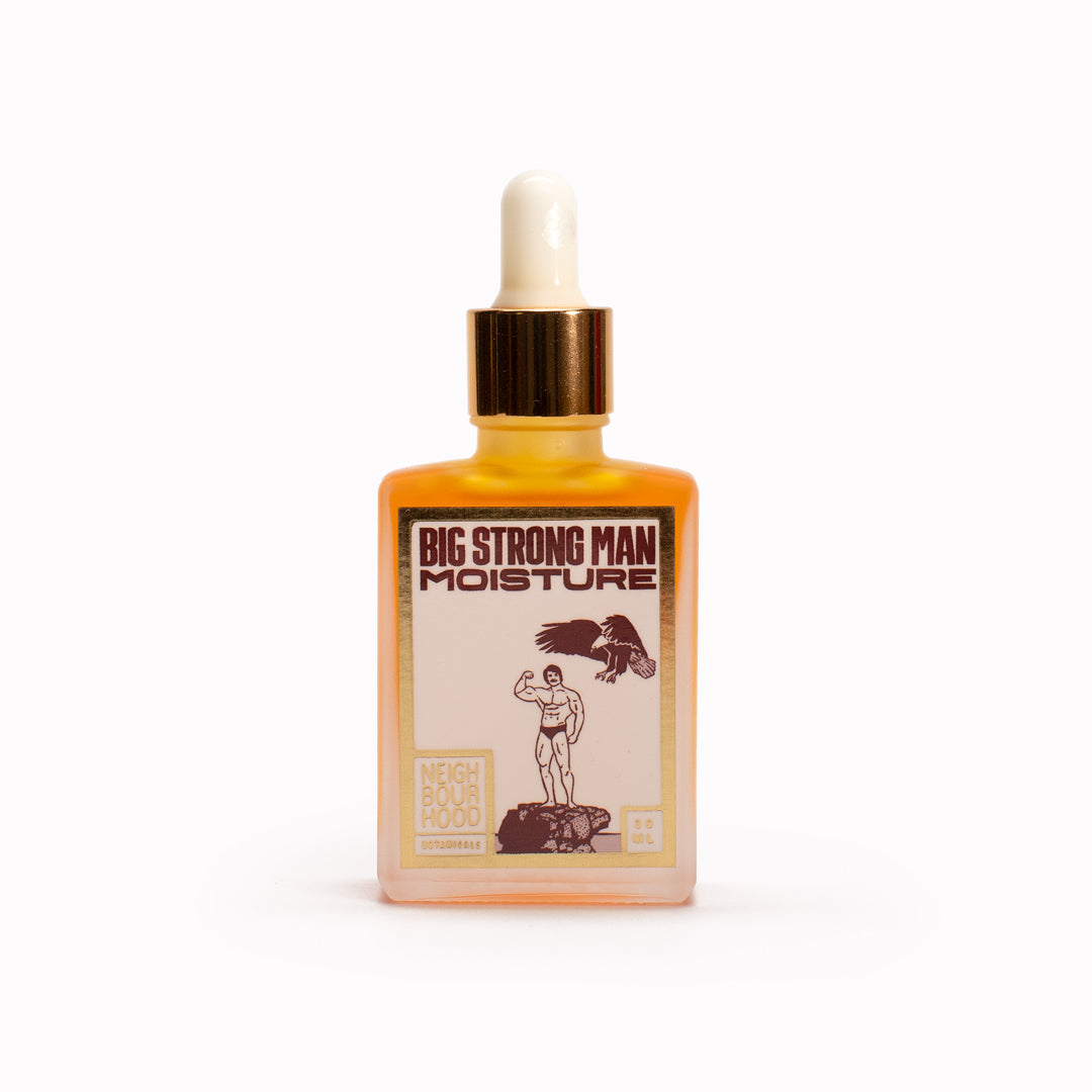 Neighbourhood Botanical's all natural, small batch moisturing facial oil, 'Big Strong Man', is designed with men in mind... but do as you like! Can be used by any gender. It is a softening and strengthening anti-bacterial facial oil for lasting moisture and to soothe irritation and razor burn.