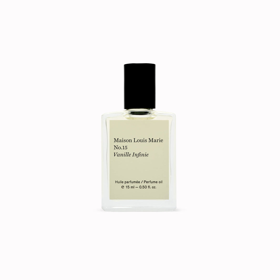 Perfume bottle labeled 'No15. Vanille Infinie - Maison Louis Marie' on a white background