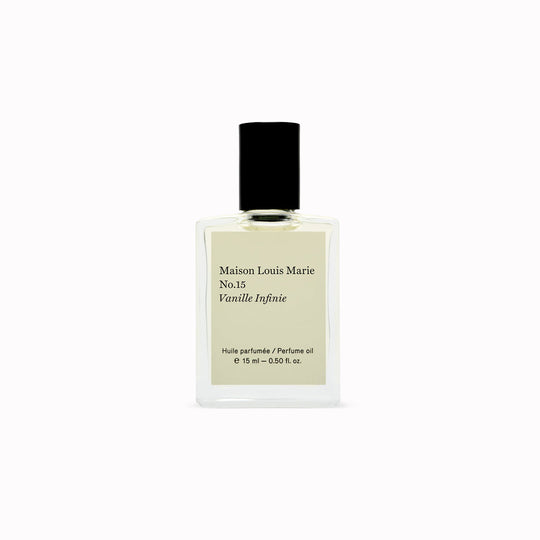 Perfume bottle labeled 'No15. Vanille Infinie - Maison Louis Marie' on a white background