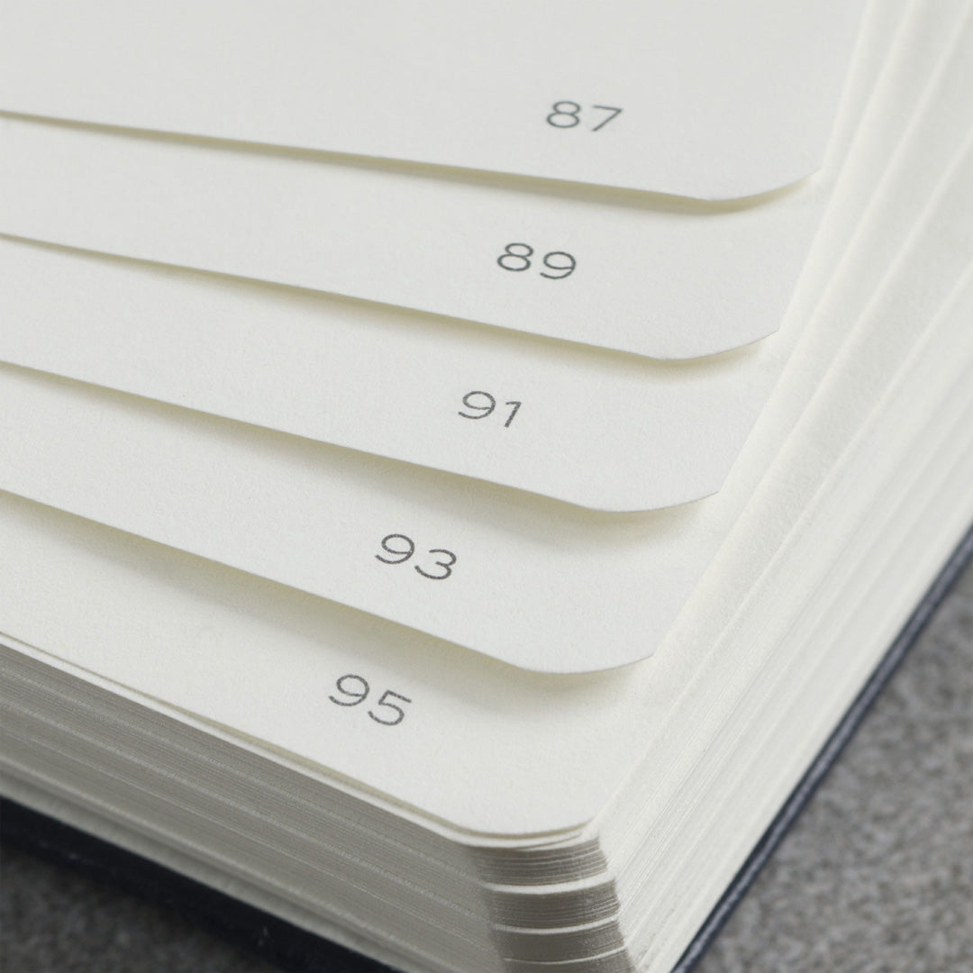 The B6+ Softcover Dotted Notebook features 2 page markers, a blank table of contents, numbered pages, a gusseted pocket for loose notes and business cards, an elastic enclosure band