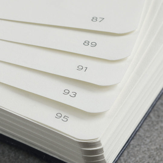 The B6+ Softcover Dotted Notebook features 2 page markers, a blank table of contents, numbered pages, a gusseted pocket for loose notes and business cards, an elastic enclosure band