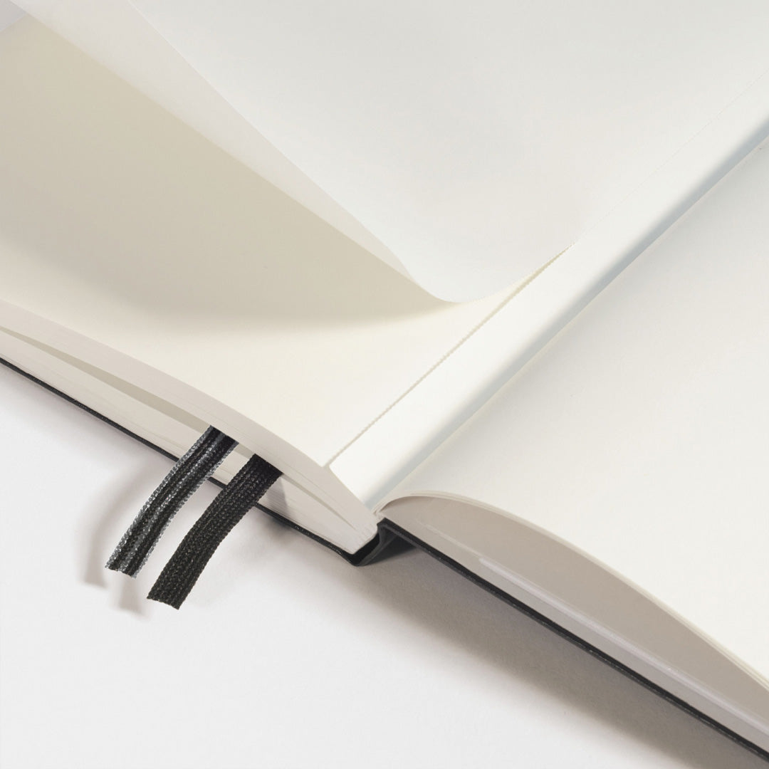 The B6+ Softcover Dotted Notebook features 2 page markers, a blank table of contents, numbered pages, a gusseted pocket for loose notes and business cards, an elastic enclosure band