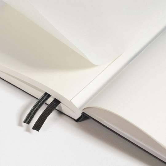 The B6+ Softcover Dotted Notebook features 2 page markers, a blank table of contents, numbered pages, a gusseted pocket for loose notes and business cards, an elastic enclosure band