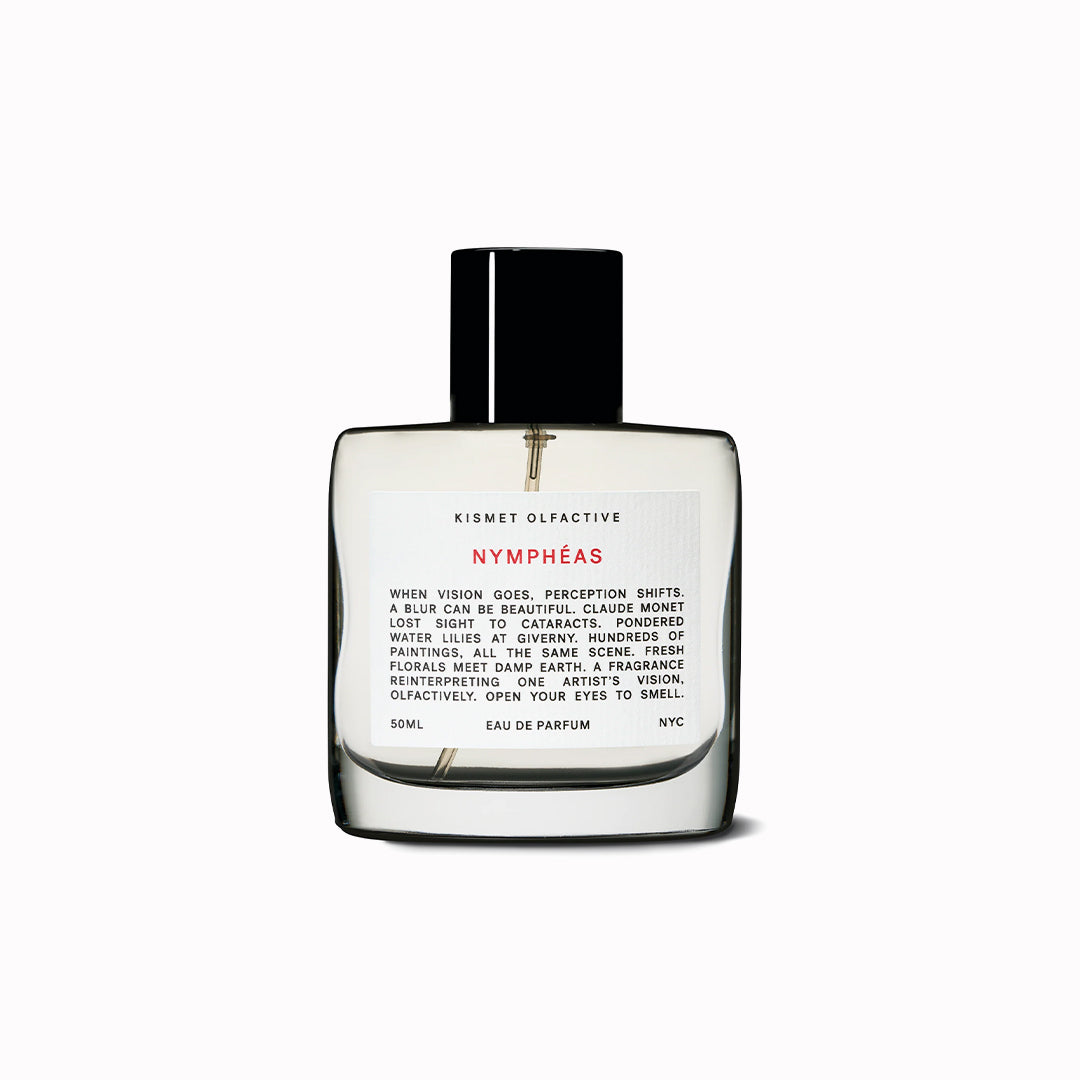 Perfume bottle labeled 'Nymphaéas' by Kismet Olfactive on a white background