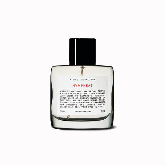 Perfume bottle labeled 'Nymphaéas' by Kismet Olfactive on a white background