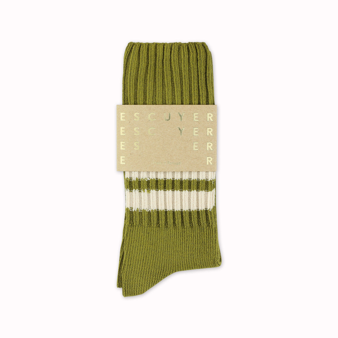 Striped Crew Socks | Olive + Ecru | UK6-10.5