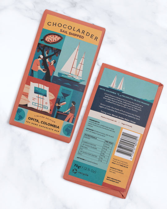 A limited-edition single-origin dark chocolate made with Colombian cacao and transported across the Atlantic by sail-powered cargo ship before being crafted bean-to-bar in Cornwall.