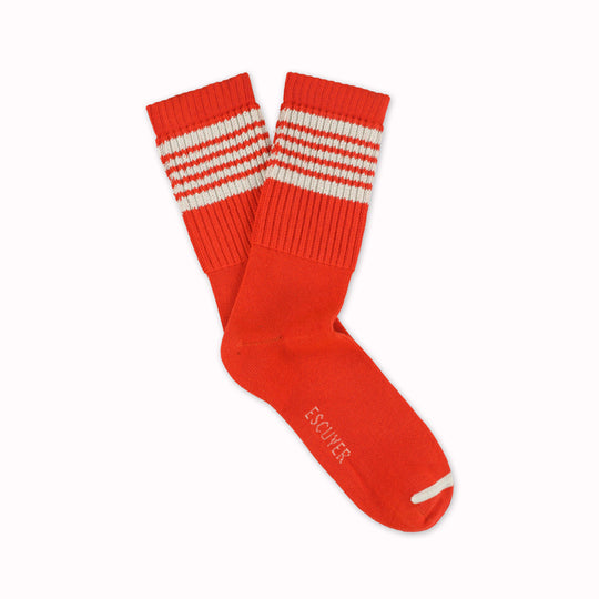 5 Stripe Crew socks with Ecru stripes on Orange by Belgium based Escuyer. These socks add a touch of nostalgia and are so comfortable!