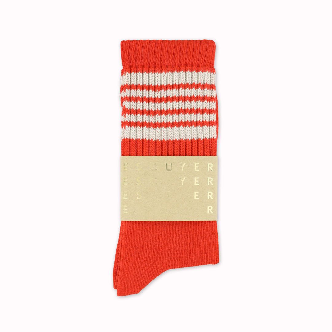 5 Stripe Crew socks with Ecru stripes on Orange by Belgium based Escuyer. These socks add a touch of nostalgia and are so comfortable!