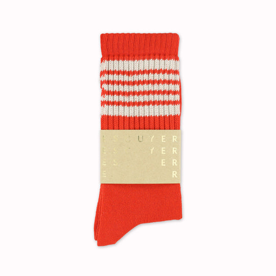 5 Stripe Crew socks with Ecru stripes on Orange by Belgium based Escuyer. These socks add a touch of nostalgia and are so comfortable!