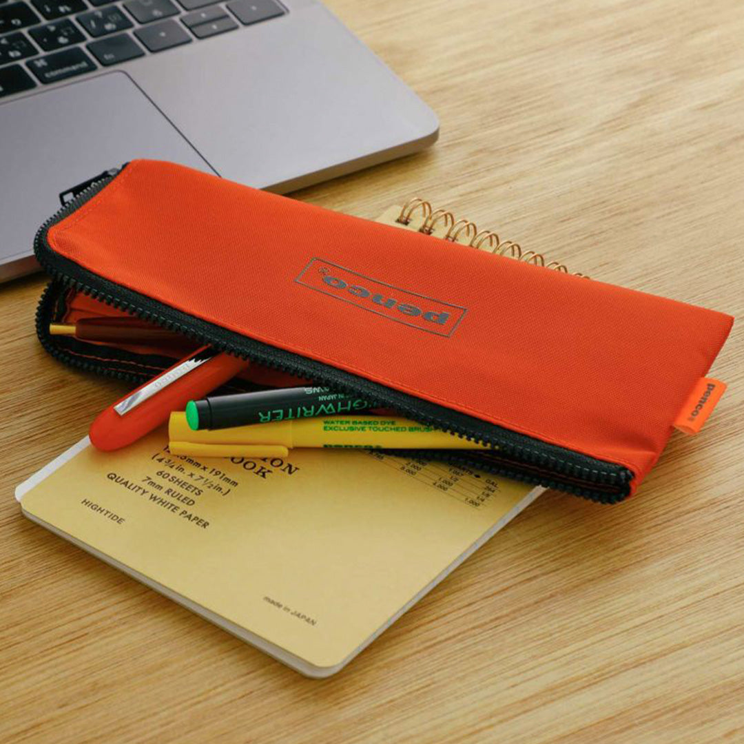 Bright Orange flat nylon pencil case with an 'L' zipper for easier access to internal contents. Storage for pens, pencils or even use for toiletries such as a toothbrush or make up brushes.&nbsp;