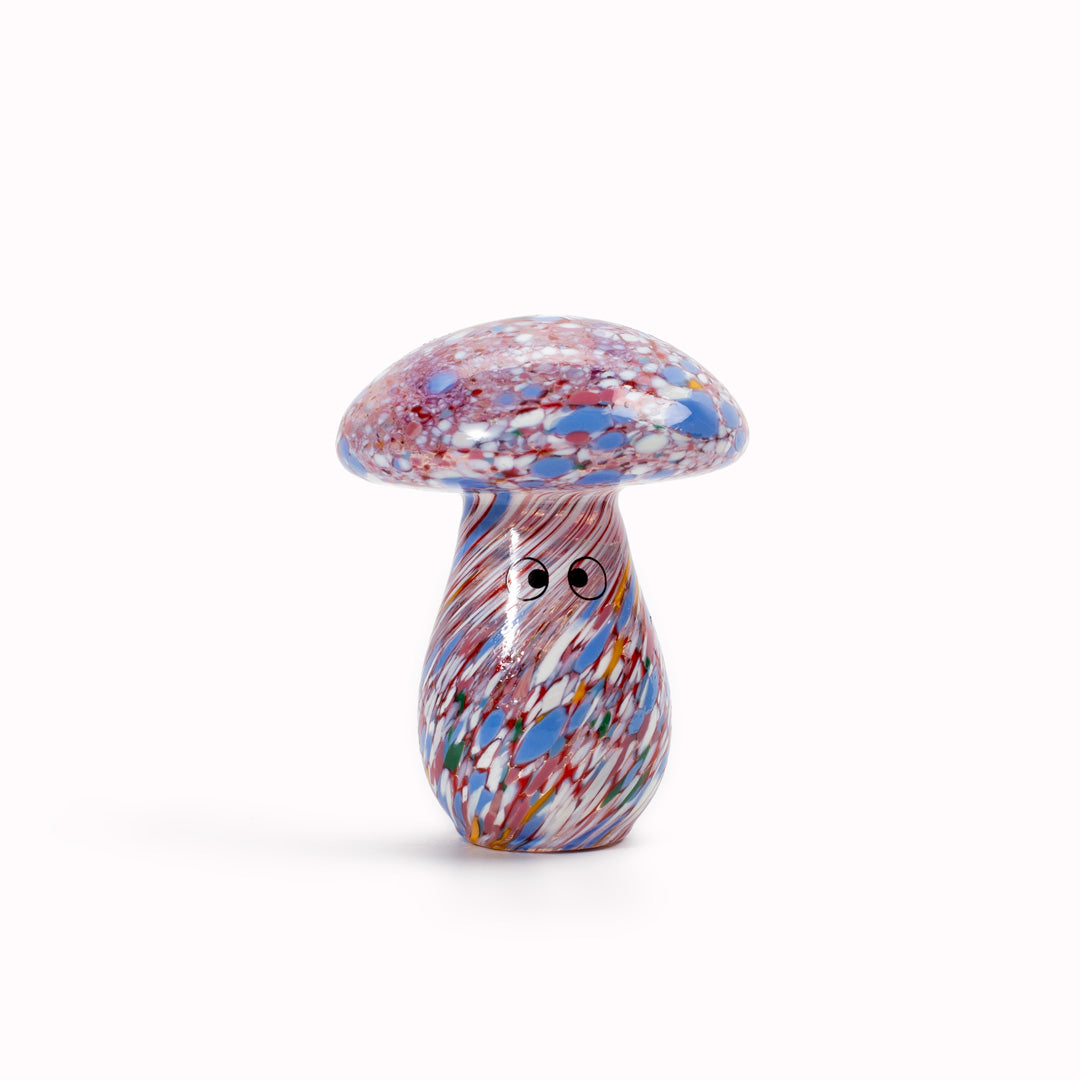 Shroom Crystal Blob is formed by dipping and/or rolling molten (hot!) clear glass into smaller chunks of brightly coloured glass droplets, then expertly shaping into weird and wonderful forms.