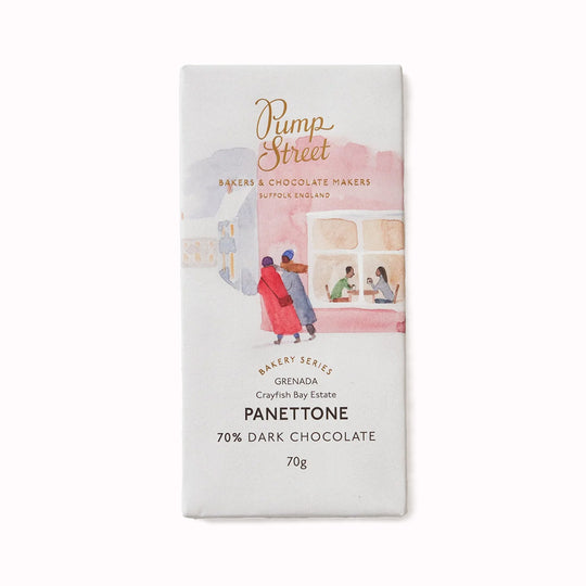 A 70% dark chocolate bar by Pump Street Bakery, with festive packaging featuring illustration of a Christmas scene.