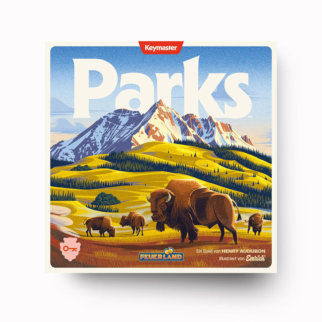 Board game box titled 'Parks' with mountain and bison design, featuring Keymaster branding.
