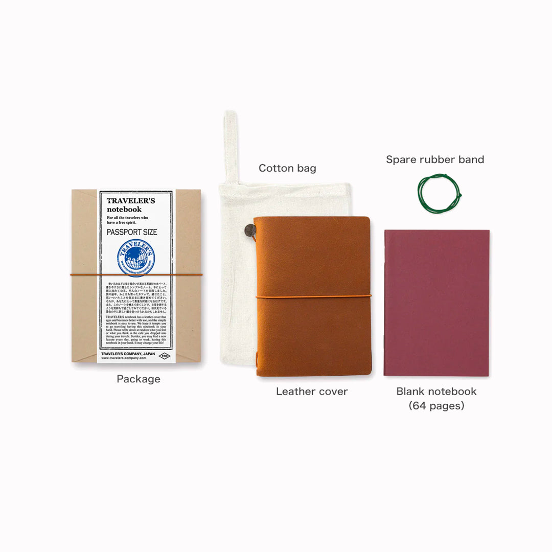 The Traveler's Notebook - Passport Size is a compact, passport‑sized notebook system built for personal organisation, journaling and creative planning. It pairs a handmade cowhide leather cover from Thailand with a blank MD paper insert crafted in Japan