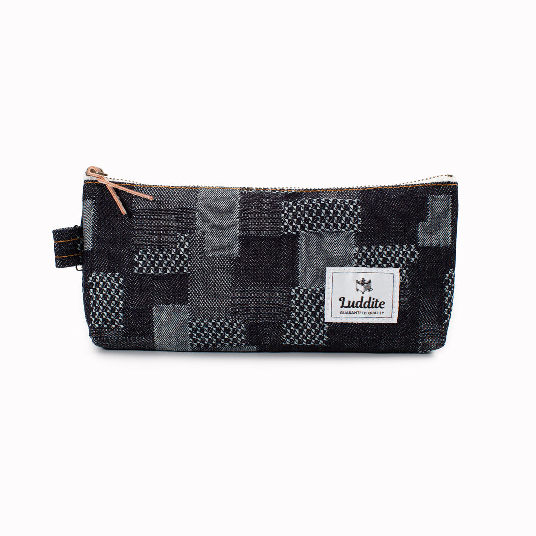 Dark Blue Patchwork Denim flat pouch style pen and pencil case by Japanese stationery brand Luddite.