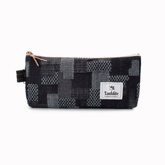 Dark Blue Patchwork Denim flat pouch style pen and pencil case by Japanese stationery brand Luddite.