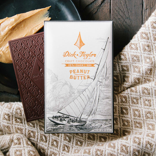 Bean-to-bar milk chocolate layered with peanut butter for a balanced sweet, nutty craft chocolate bar.