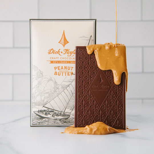 Bean-to-bar milk chocolate layered with peanut butter for a balanced sweet, nutty craft chocolate bar.