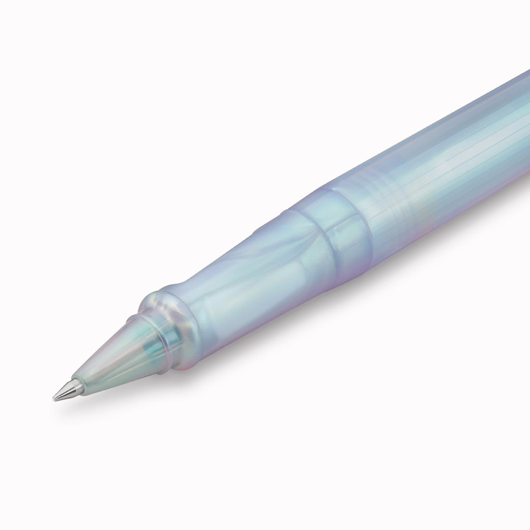 The Kaweco Perkeo rollerball pen in Irridescent Pearl features an ergonomic grip, octagonal cap and hexadecagon shaped barrel.