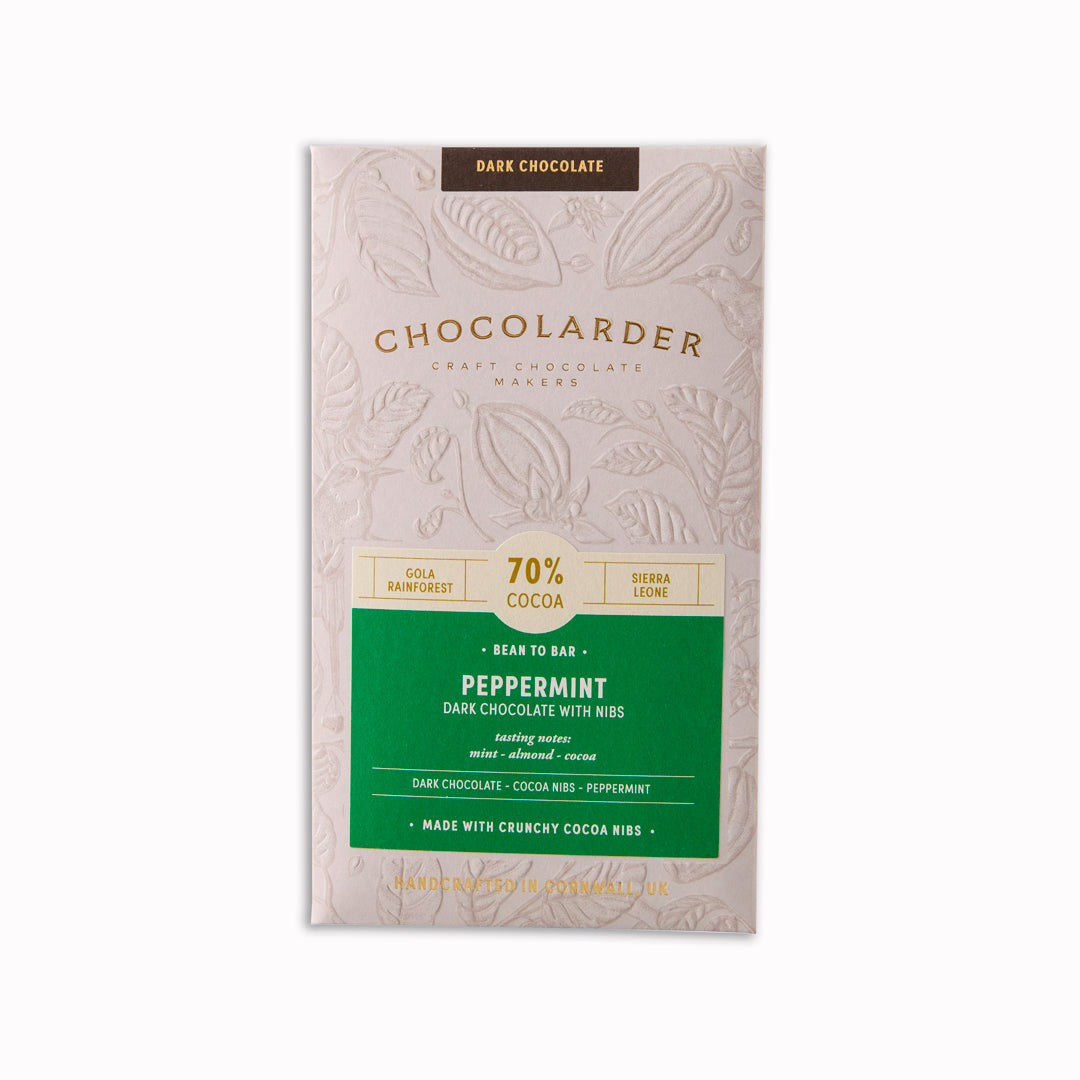 Chocolarder have produced a peppermint bar containing satisfying crunchy pieces of roasted cacao nibs and a zingy fresh peppermint hit.