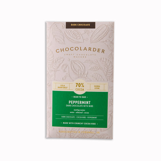 Chocolarder have produced a peppermint bar containing satisfying crunchy pieces of roasted cacao nibs and a zingy fresh peppermint hit.
