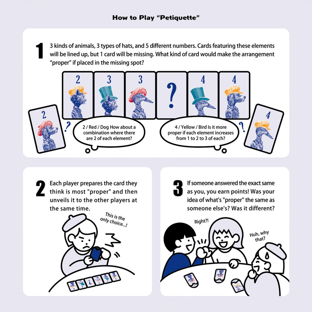 Petiquette is a small-format party card game from Japanese publisher Oink Games, designed for social play and light discussion.