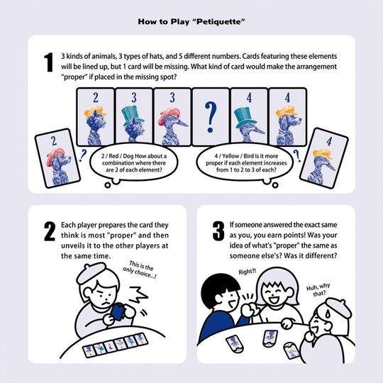 Petiquette is a small-format party card game from Japanese publisher Oink Games, designed for social play and light discussion.