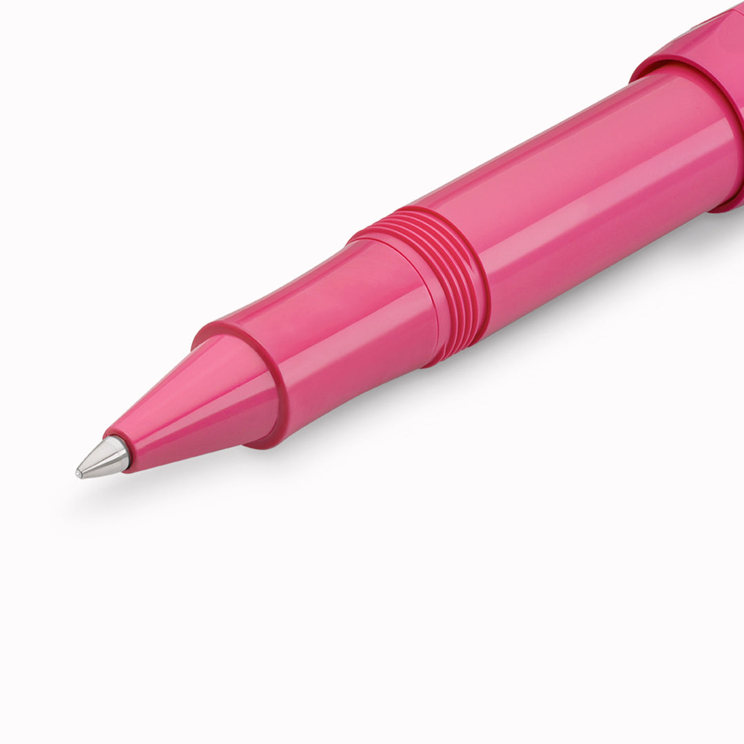 The Kaweco Skyline Sport rollerball pen in a vibrant pink colour with silver accents. Boxed with a&nbsp;G2 rollerball refill.