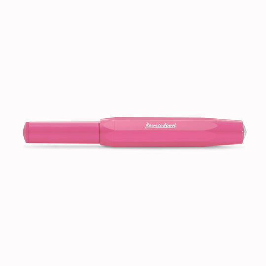 The Kaweco Skyline Sport rollerball pen in a vibrant pink colour with silver accents. Boxed with a&nbsp;G2 rollerball refill.