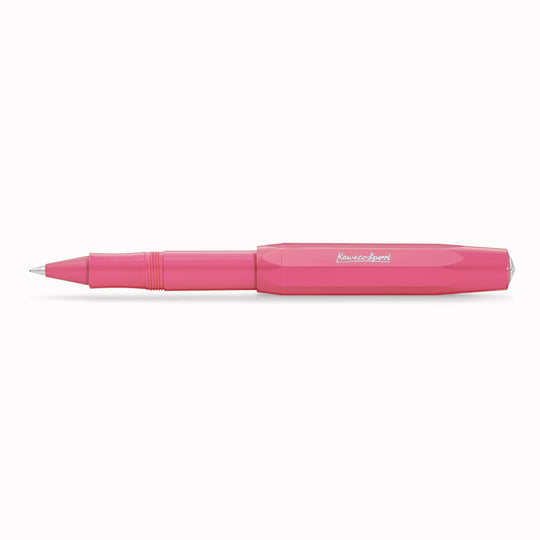 The Kaweco Skyline Sport rollerball pen in a vibrant pink colour with silver accents. Boxed with a&nbsp;G2 rollerball refill.