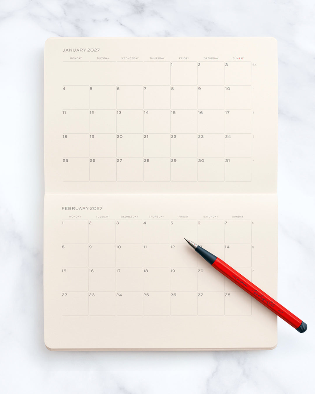 This stitched planner booklet adds a dated monthly planner to any Medium (A5) or Composition (B5) notebook.