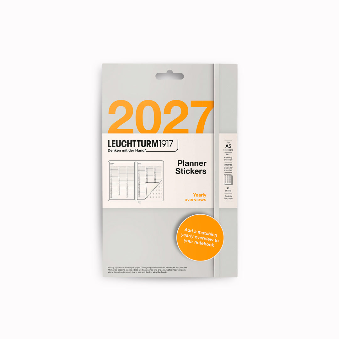This self-adhesive yearly planner sticker set adds long-range planning pages to a LEUCHTTURM1917 Medium (A5) notebook.